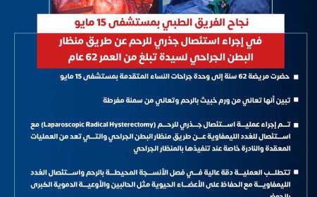 نجاح الفريق الطبي بمستشفى ١٥ مايو في إجراء استئصال جذري للرحم عن طريق منظار البطن الجراحي لسيدة تبلغ من العمر ٦٢ عام