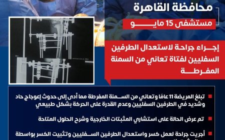 " مستشفى ١٥ مايو " نجاح جديد بوحدة العظام  فتاة تبلغ من العمر 11 عام  حدوث اعوجاج حاد وشديد في الطرفين السفليين وعدم القدرة على الحركه