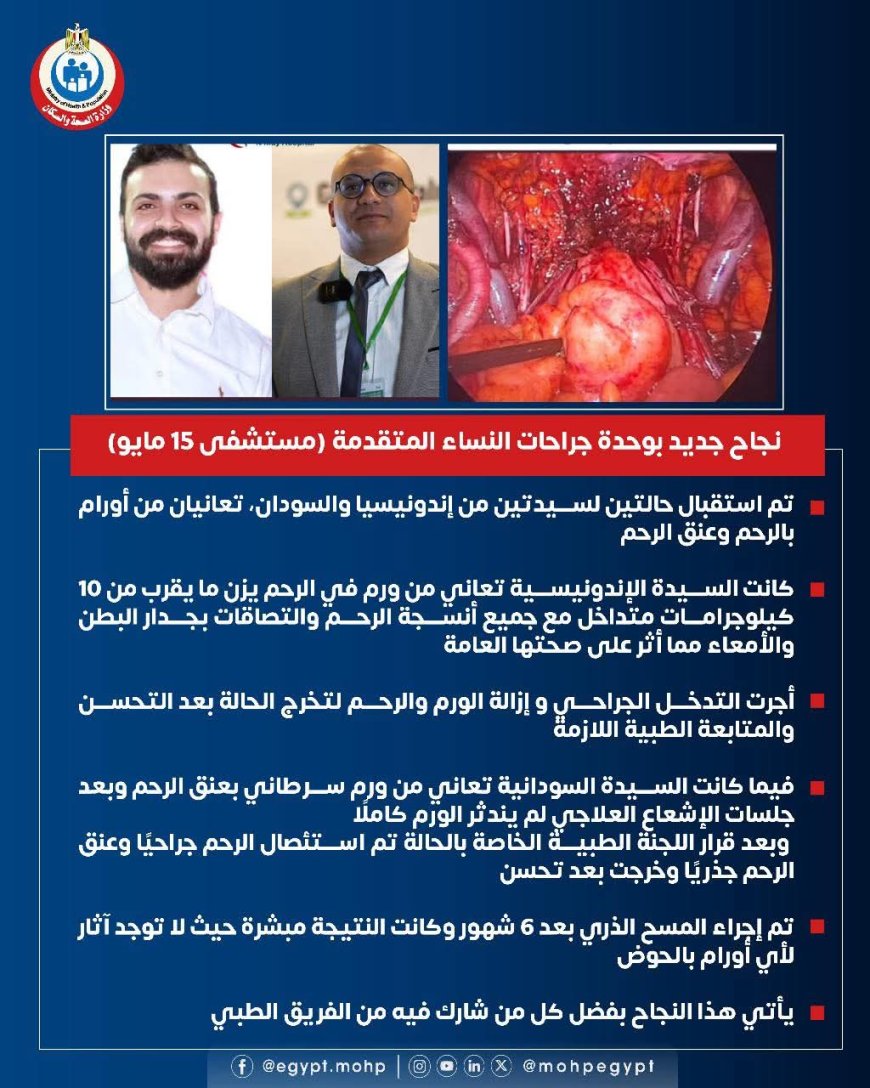 " مستشفى ١٥ مايو " نجاح جديد بوحدة جراحات النساء المتقدمة إنقاذ حالتين لسيدتين من إندونيسيا والسودان تعانيان من أورام بالرحم وعنق الرحم