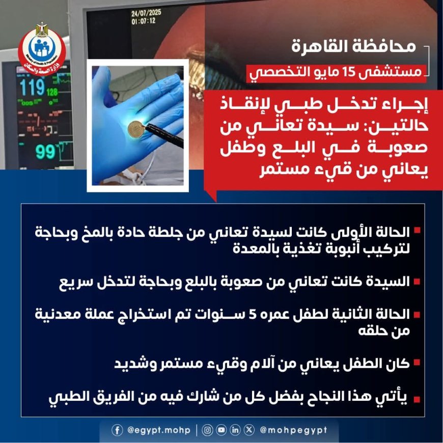 " مستشفى ١٥ مايو " نجاح جديد بوحدة الجهاز الهضمي من غرفة المناظير ..حكايتين لإنقاذ مريضين في وقت حرج