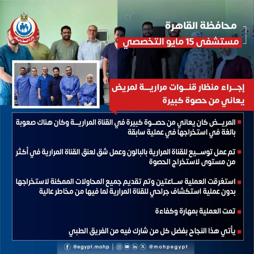 " مستشفى ١٥ مايو " نجاح جديد بوحدة الجهاز الهضمي من غرفة المناظير ..في تقديم خدمات مناظير القنوات المرارية