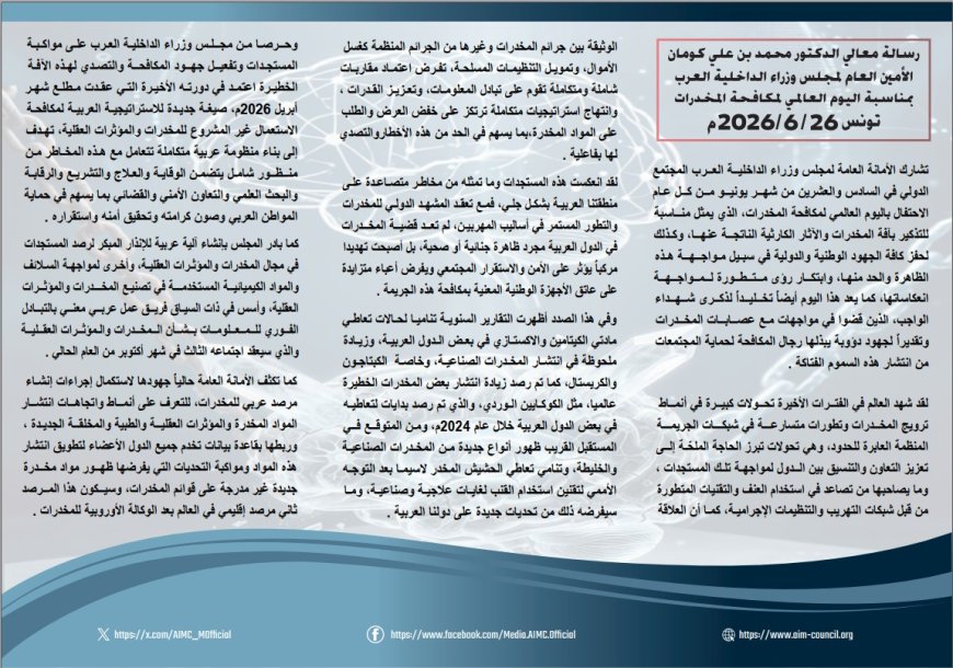 رسالة معالي الدكتور محمد بن علي كومان الأمين العام لمجلس وزراء الداخلية بمنـاسبة اليوم العالمي لمكافحة المخدرات